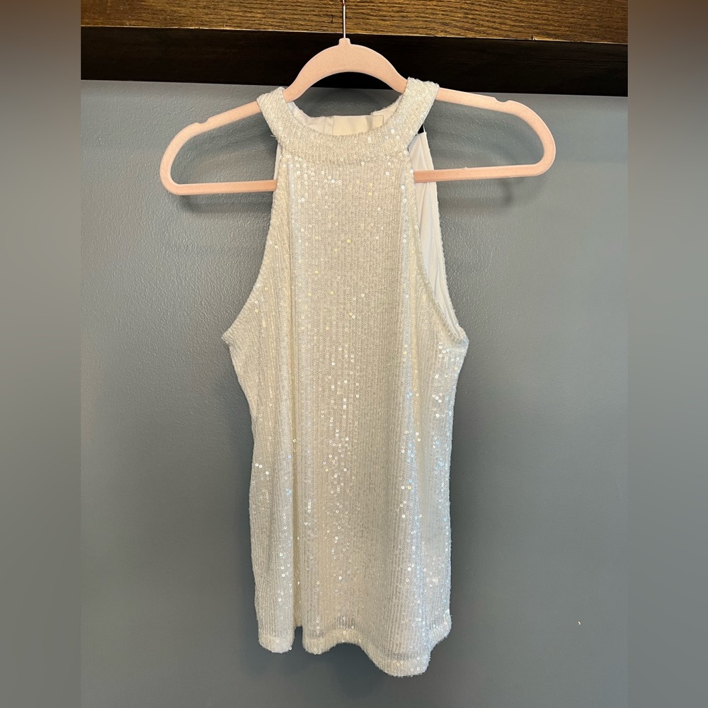 White Sequin Turtle Neck Tank Top